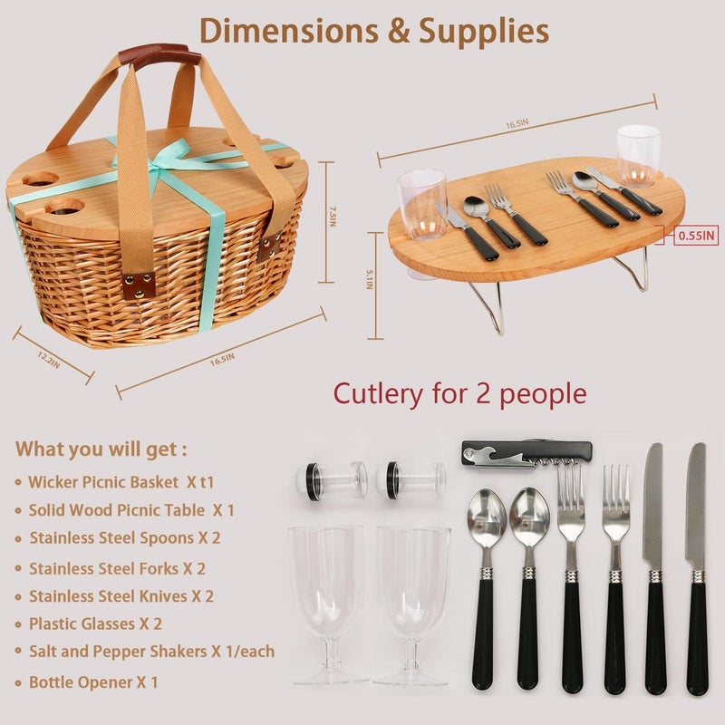 HapTim Wicker Picnic Basket Set for 2 with Mini Folding Wine Picnic Table & Large Insulated Cooler Bag & Cutlery Service Kits for 2 Person, Couples Gifts, Wedding Gifts (Y2209-2-CM) - Image 5